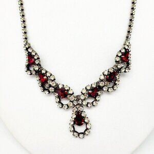 Vintage Deep Red & Clear Rhinestone Choker Necklace Teardrop Silver Tone 15"
